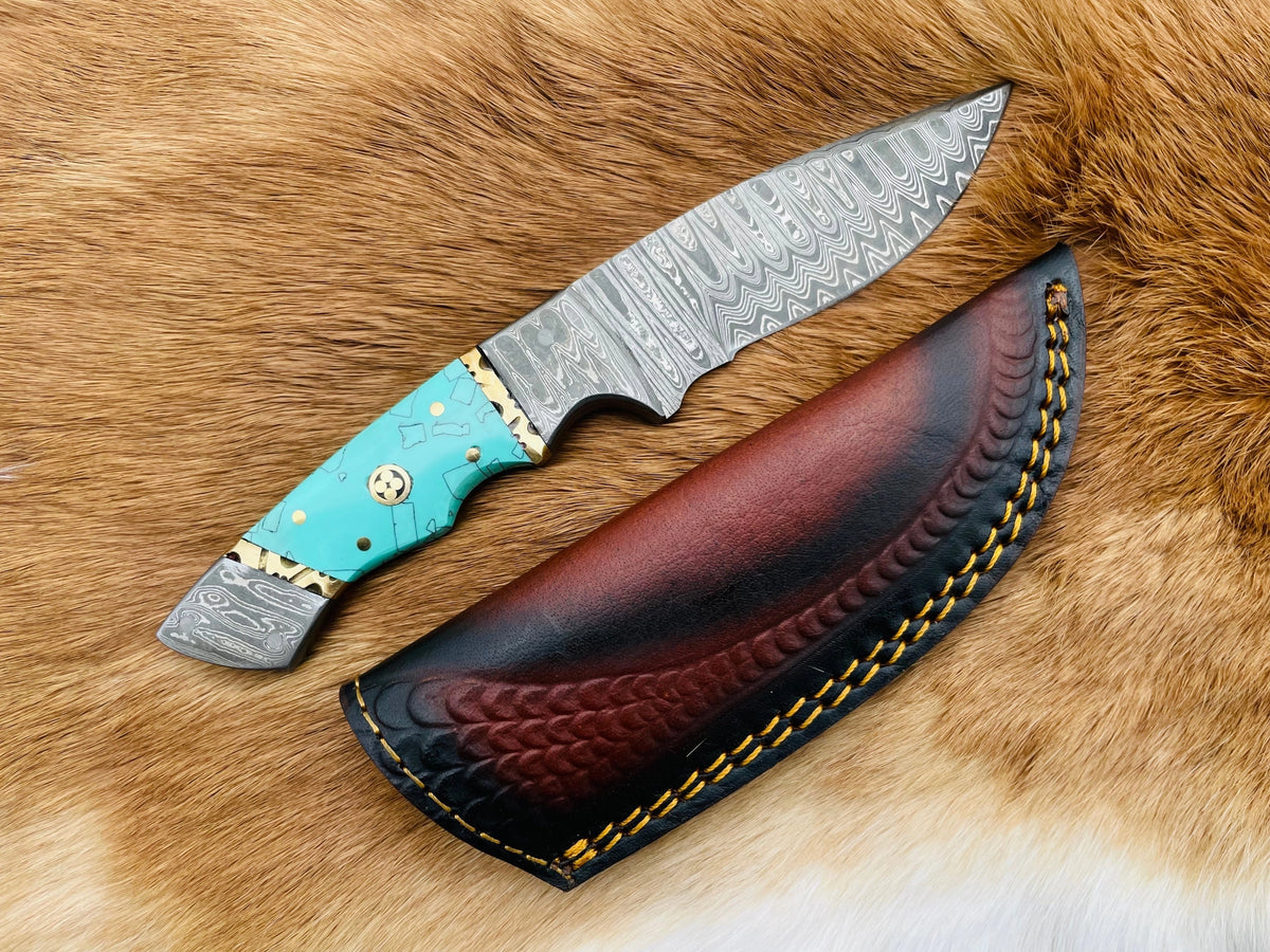 Utility Knife, Damascus, Azure, Turquoise Resin