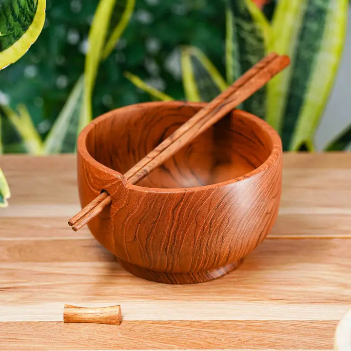 Teak 5.5" Ramen Wood Bowl w/ Chopsticks