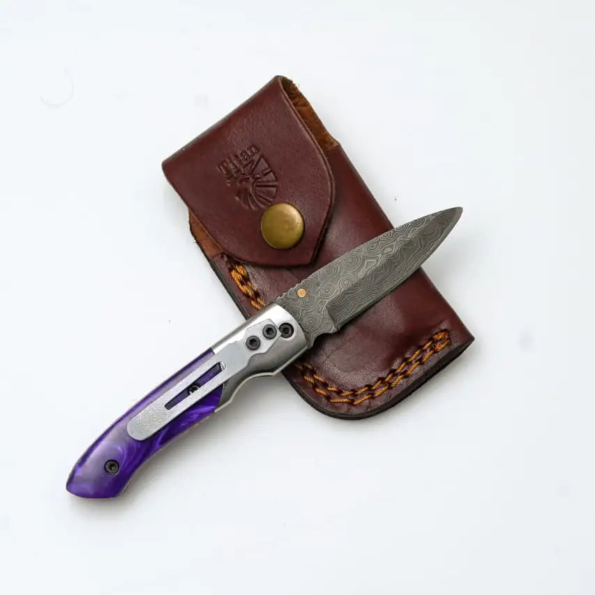 Handmade Damascus Folding Pocket Knife with Purple Resin Handle & Leather Sheath