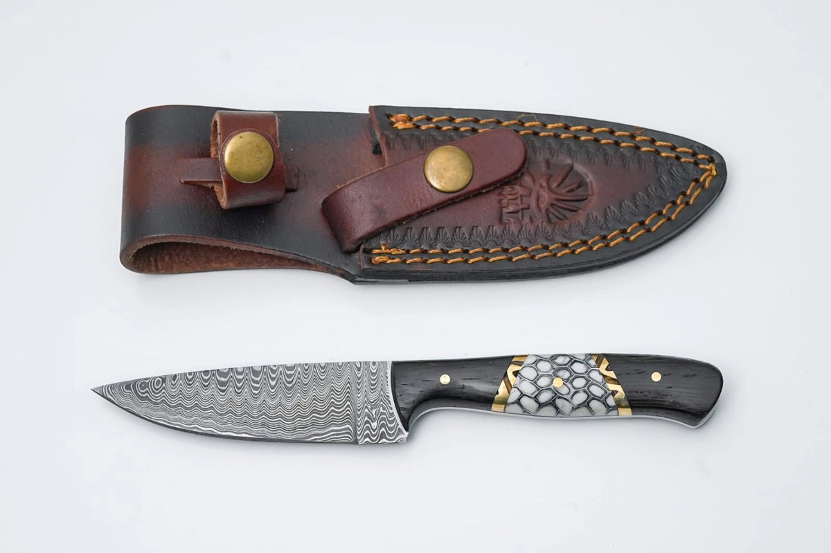 4" Titan Hexforge Damascus Utility Knife, Black Wood With Honeycomb Inlay Handle