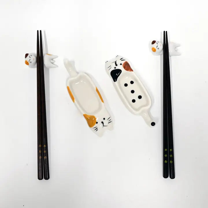 Cat Soy Dish, Chopsticks, and Rest 2 Set - Gift Set