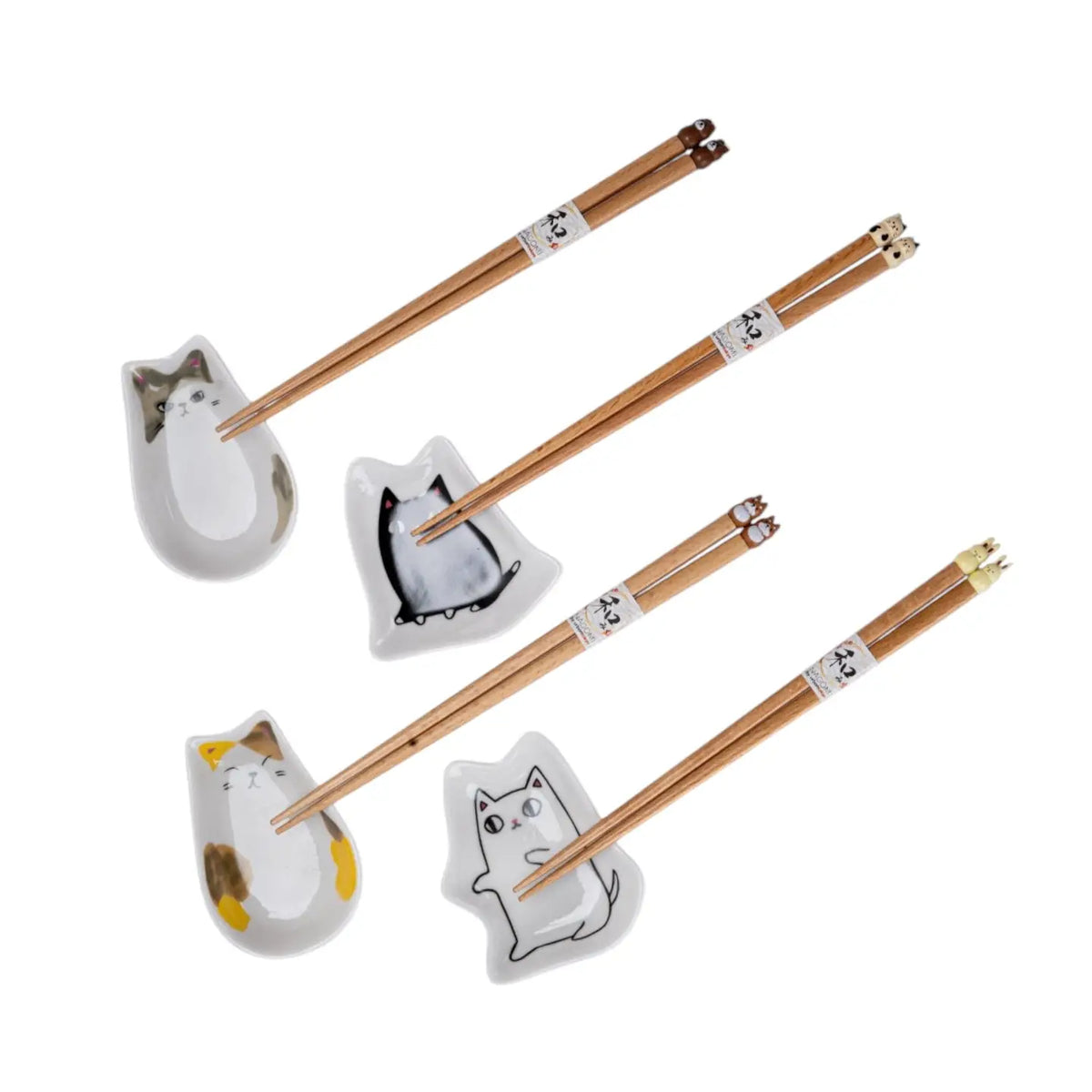 Cute Cats 4 Pair Wooden Chopsticks and Sauce Dish Gift Set