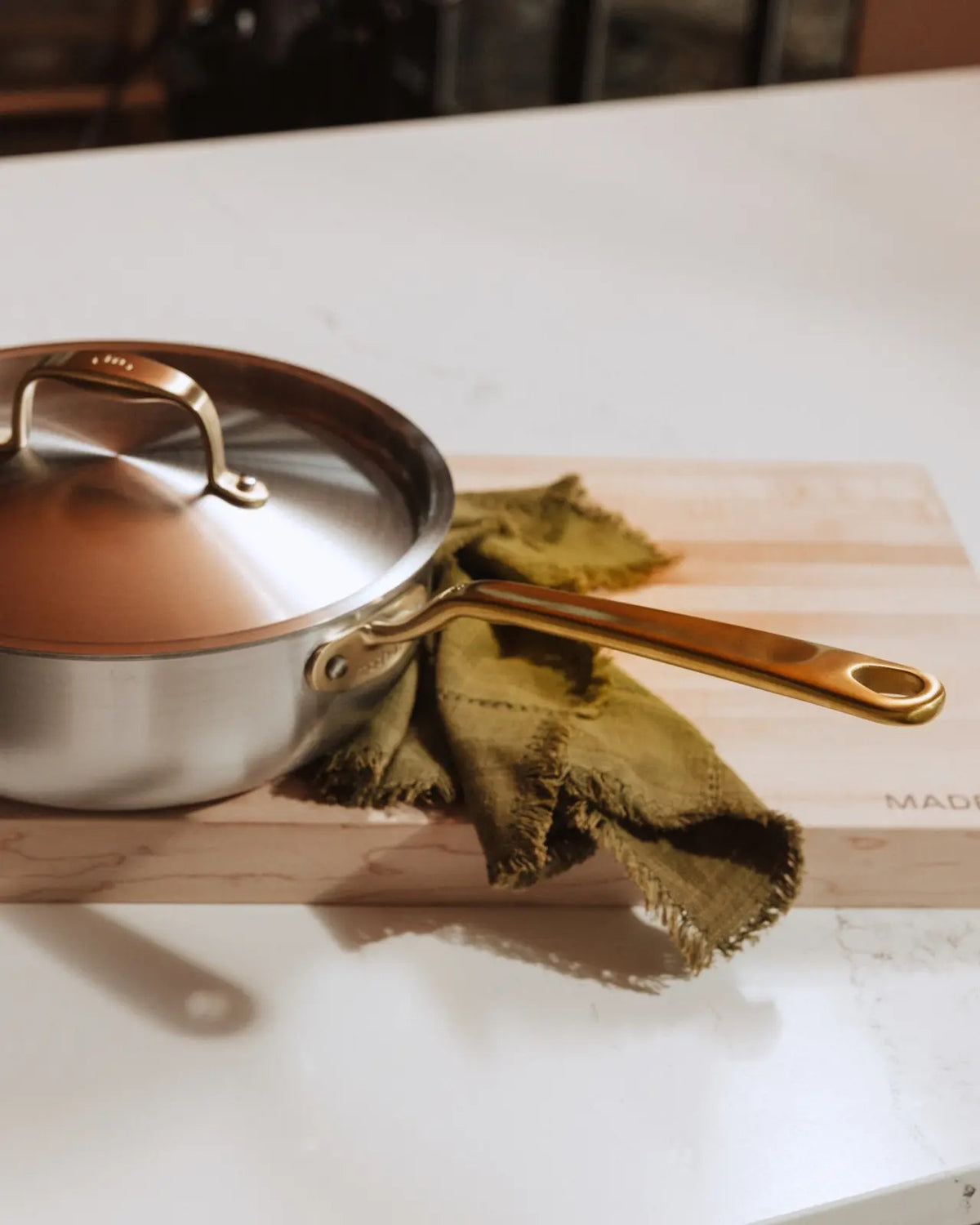 Saucier Stainless Steel Clad - 3 QT / Lid - Antique Brass Handle