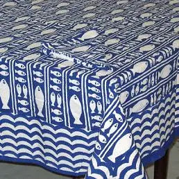 85" Round Blue Fish Stripe Tablecloth