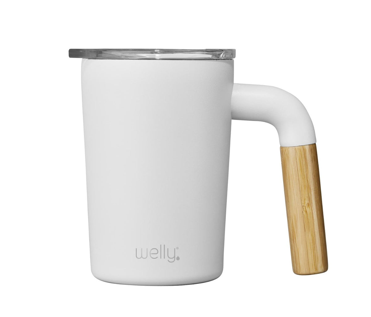 White, 12oz Camp Cup Insulated, Bamboo Handle